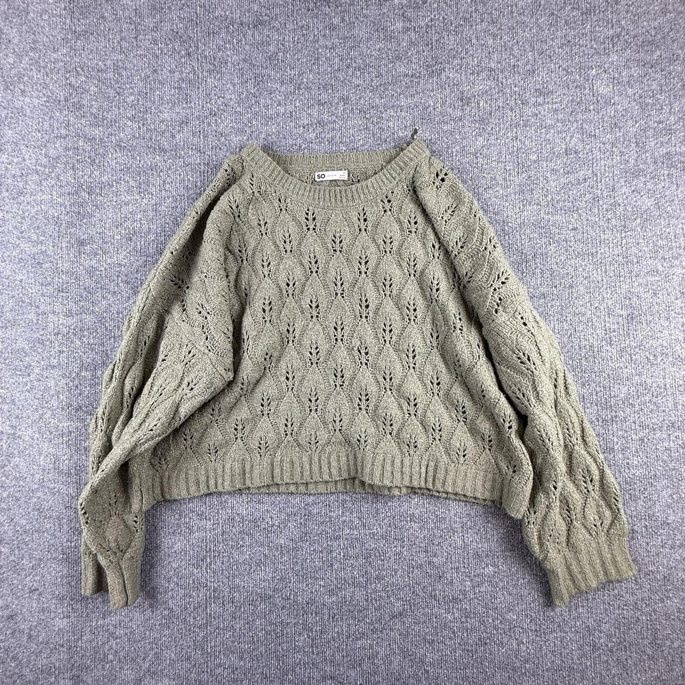 SO Sweater Womens 2X Green Open Knit Floral Crewneck Pullover Long Sleeve